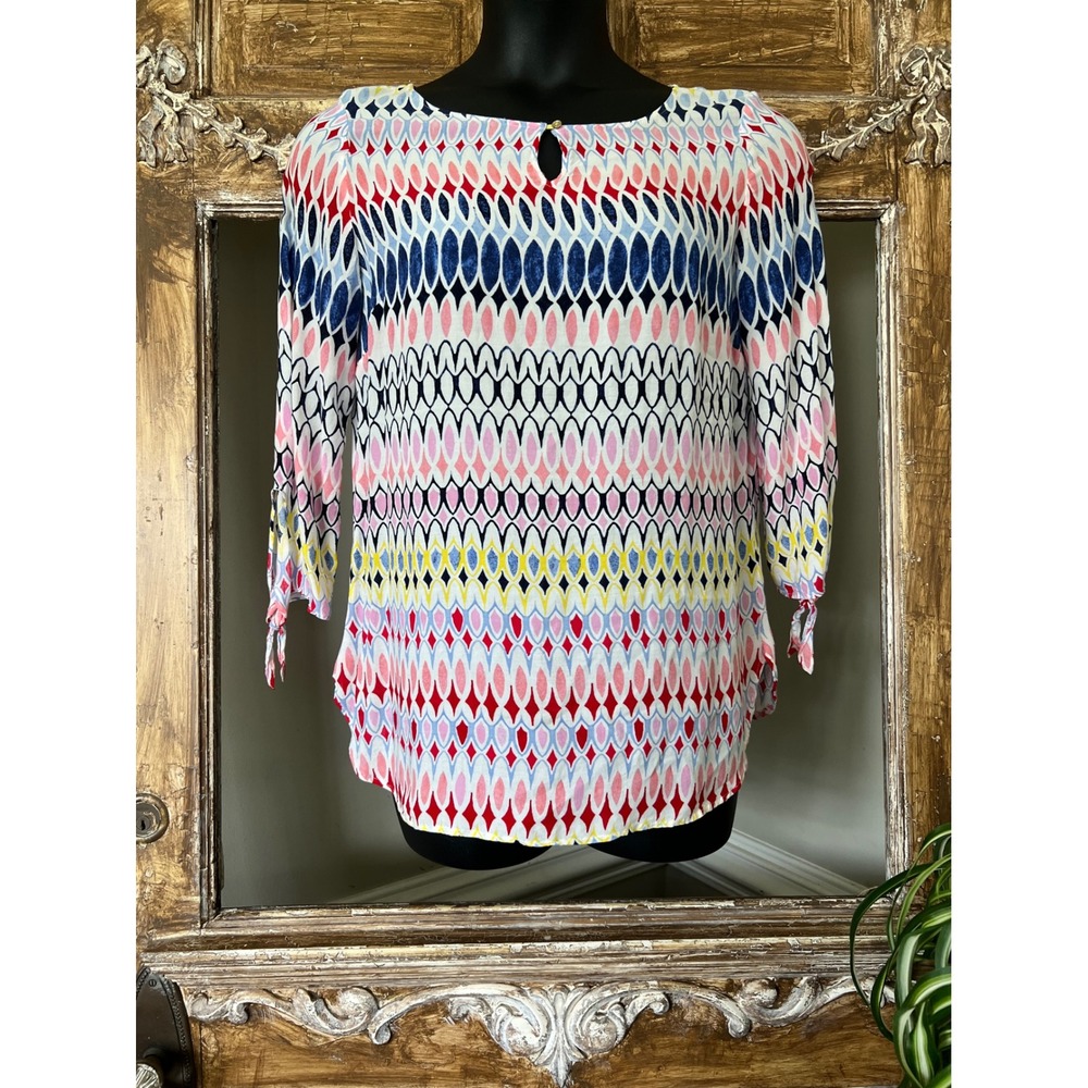 Talbots Blouse Geometric Print Keyhole Tie‎ Sleeve Multicolor Top Size M
